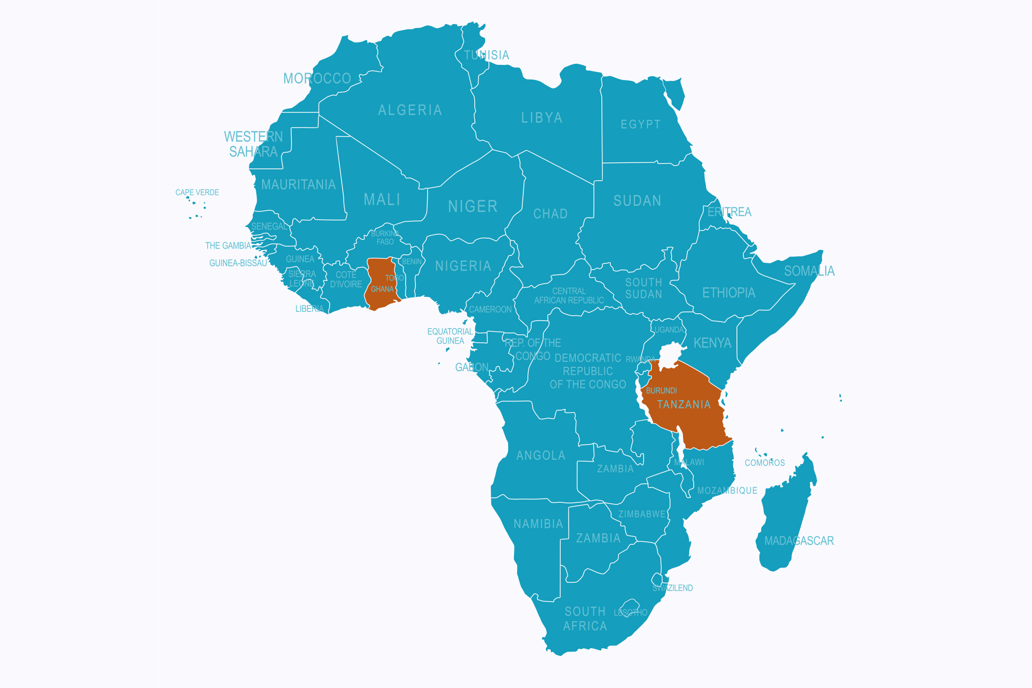 Map of Africa with Ghana and Tanzania highlighted